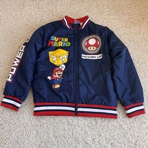 Super Mario Bomber Jacket Kids Size 10/12 Blue Nintendo Mario Luigi Bowser